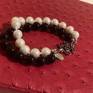 CHANEL Black and White Beaded Double-Strand Bracelet with CC Charm